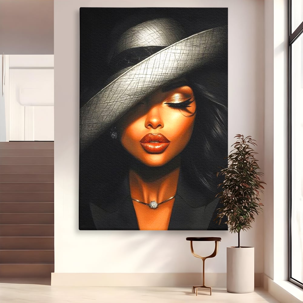 Tablou canvas cu tablou canvas cu femeie si palarie, fara rama, pe sasiu de lemn